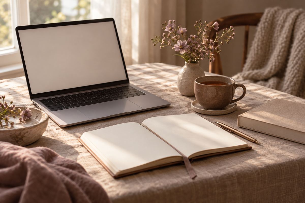 Laptop, journals and tea in a warm setting for intentional study