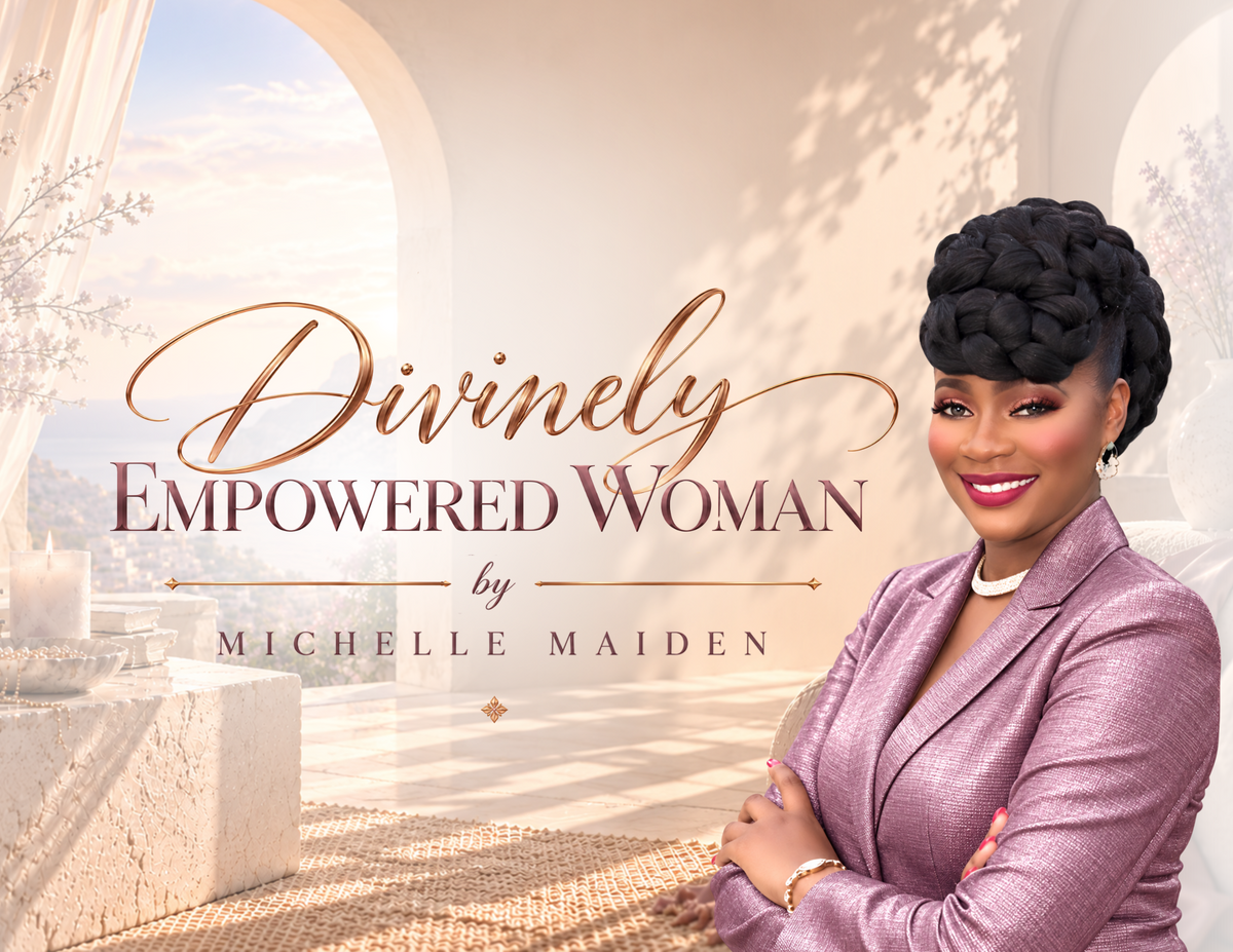 Divinely Empowered Woman by Michelle Maiden, warm neutral banner with Michelle in a mauve suit