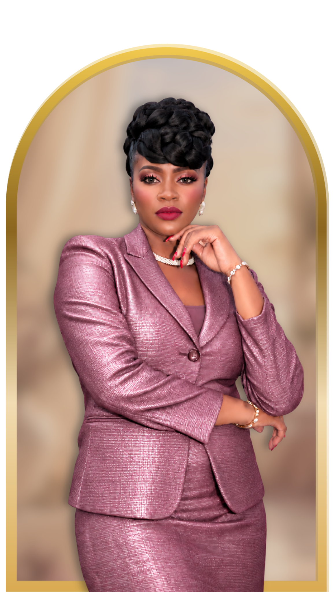Michelle Maiden wearing a mauve suit in a gold arch frame